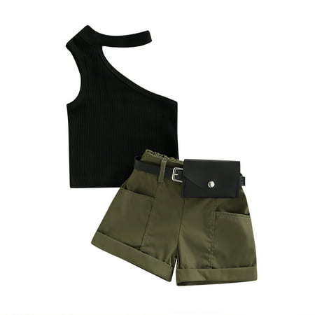 

Infant Girl Tanks Tops + Shorts + Waist Bag Pockets Decoration Casual Style Summer Clothing