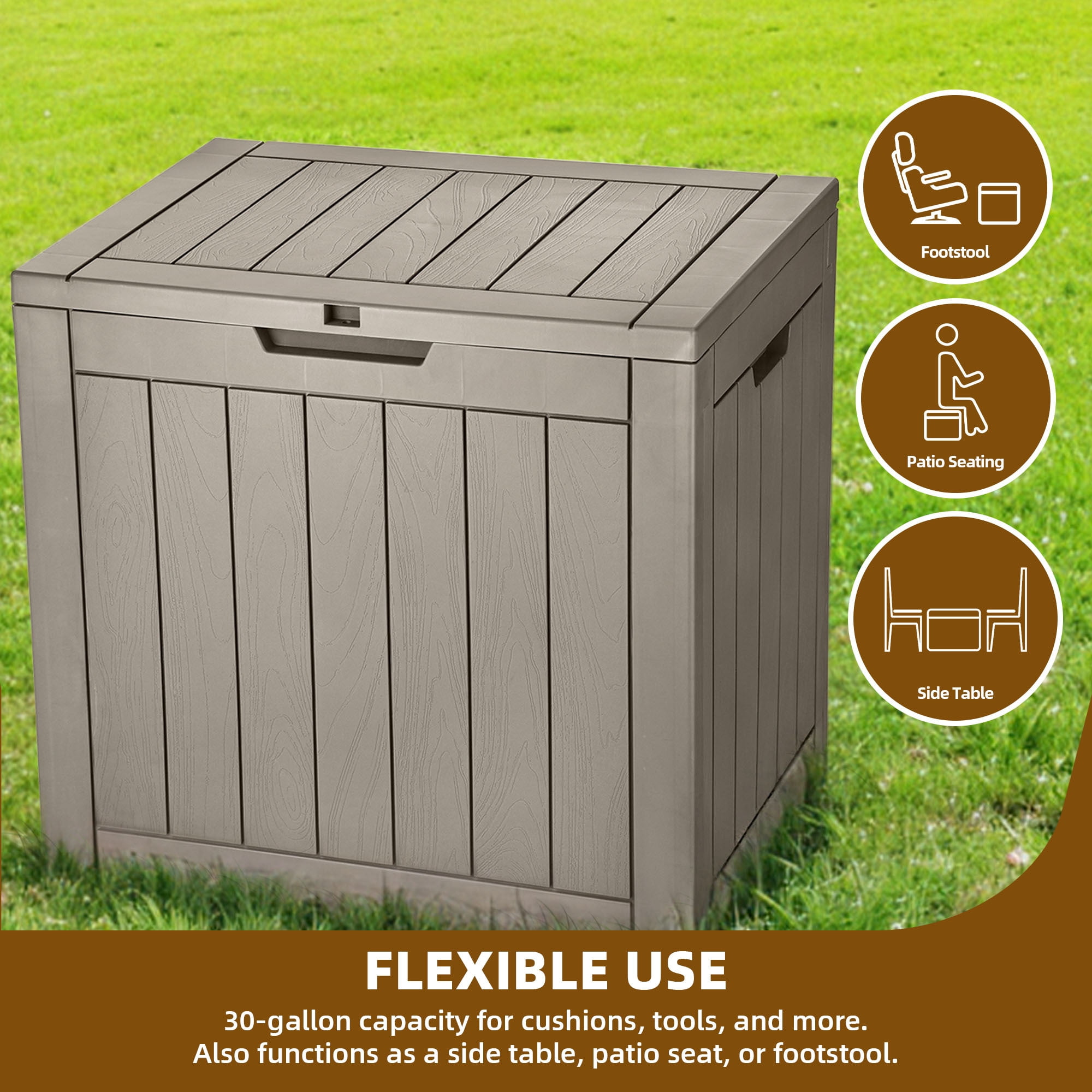Uforic 30 Gallon Outdoor Storage Box, Weatherproof Lockable Resin Deck Box for Patio Furniture, Pool Accessories, Garden Tools and Supplies, Brown