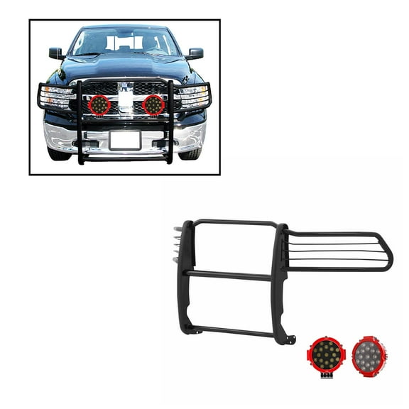 Black Horse Grille brush Bumper Guard Modular Black Come With pair of 7.0"LED Lights with Red Trim Rings Compatible with 2009-2018 Dodge Ram 1500|2019-2023 Ram 1500 Classic-17DG109MA-PLR