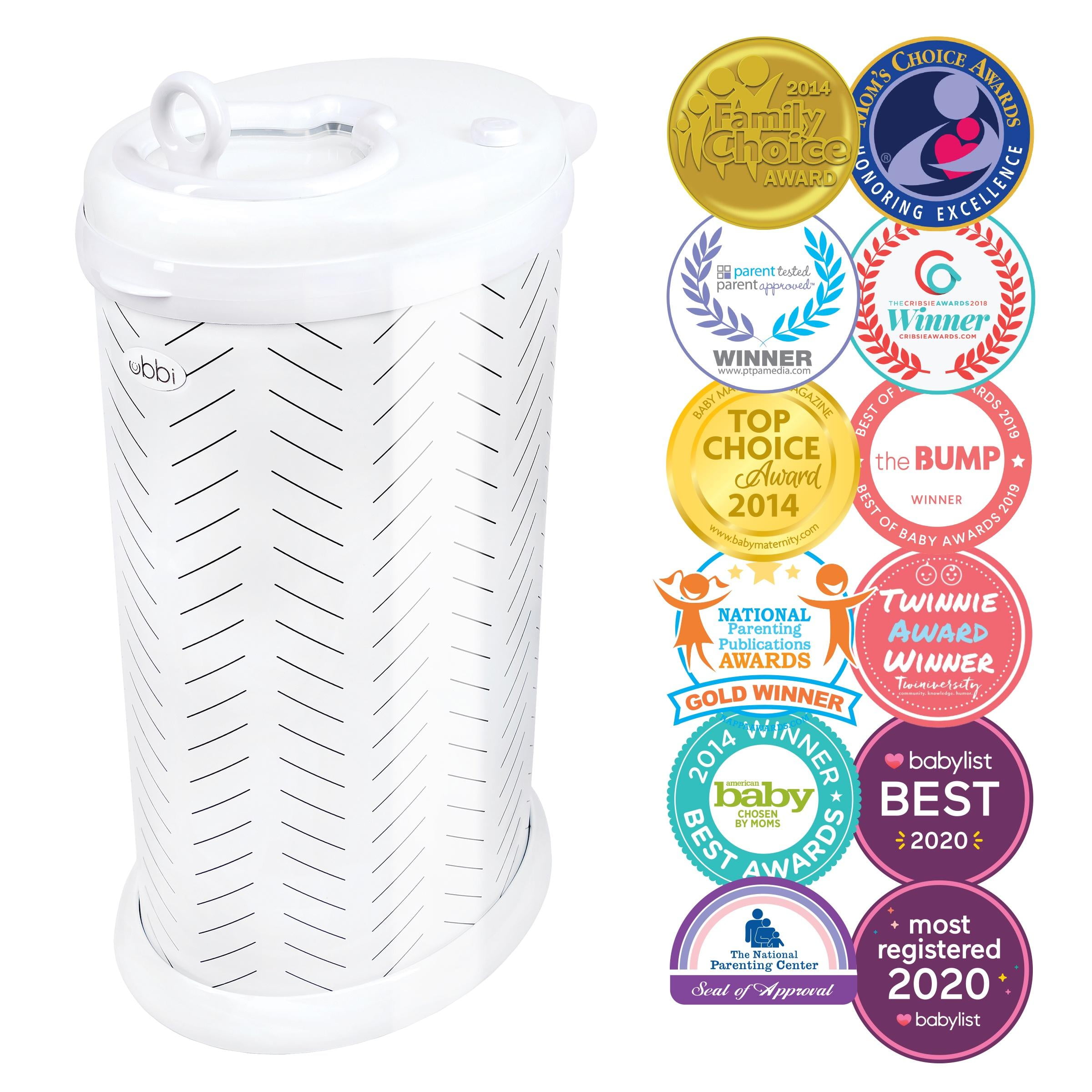 Ubbi Stainless Steel Diaper Pail, Odor Locking, No Special Bag Required, Award-Winning, Registry Must-Have, White Herringbone, Toodler, Newborn