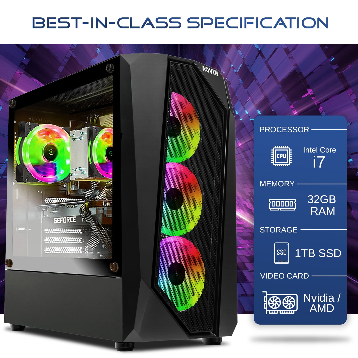AQVIN AQ30 Series High-Performance Gaming PC - Intel Core i7 Processor - 32GB RAM DDR4 - 1TB SSD Storage - NVIDIA Graphics Card RTX 4060 8GB - Windows 10 Pro - Customize RGB Fan Lighting Effect