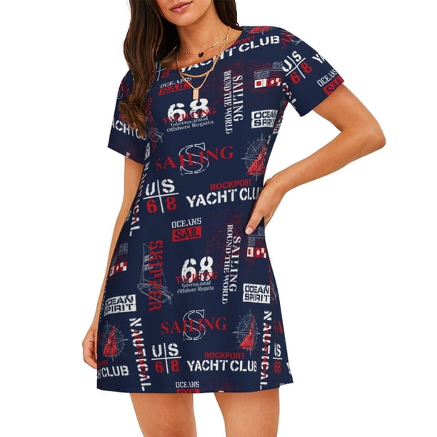 Easygdp Nautical Style Sailboat Camisón de manga corta para mujer, informal, estampado