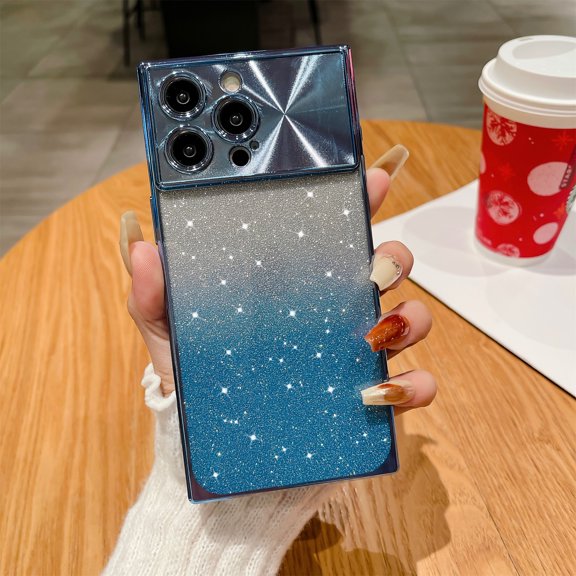 SaniMore for iPhone 15 Pro Case, Gradient Glitter Bling Paper Large Window Lens Protection Electroplated Frame Soft TPU Shockproof Anti-drop Slim Lightweight Fashion for Girls Women, Blue