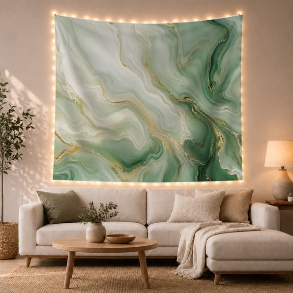 Abstract Green Gold Marble in Swirling Clouds, Majestic Abstract for Art Lovers, Nature Inspired Wall Decor, Housewarming Gift Tapestry Wall Hanging for Living Room and Bedroom