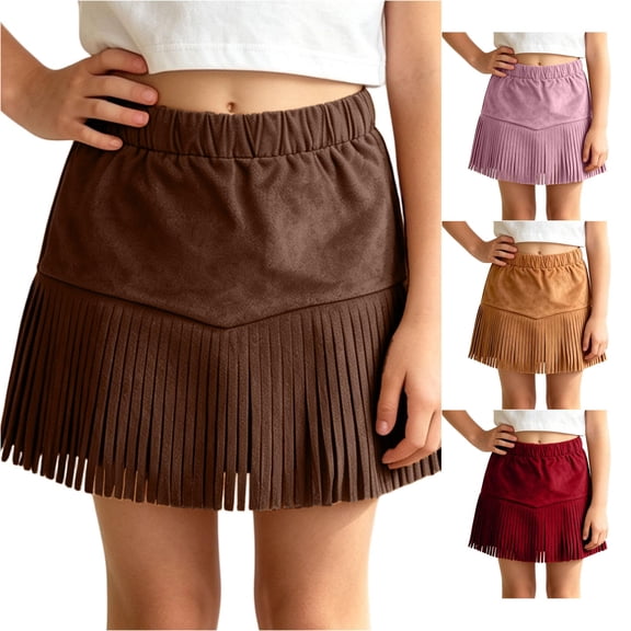 RTKFRFLM Girls Western Cowgirl Suede Fringe Skirt High Waist Denim Mini Skirt Halloween Party Outfits Kids