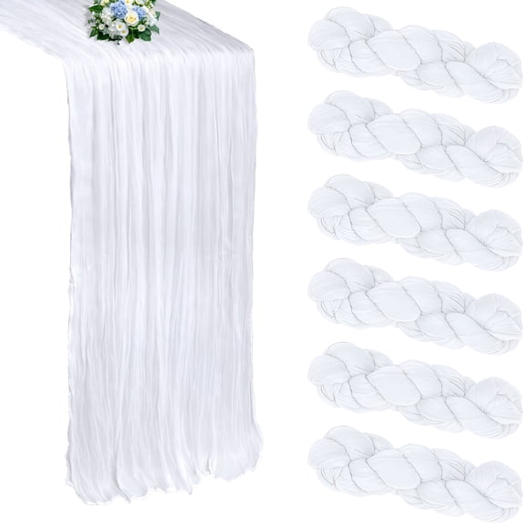 AUQ 6 Pack White Cheesecloth Table Runner 10Ft Boho Cheese Cloths Gauze Fabric Table Runners 120 Inch Rustic Sheer for Winter Wedding Birthday Party Baby Shower Home Decorations