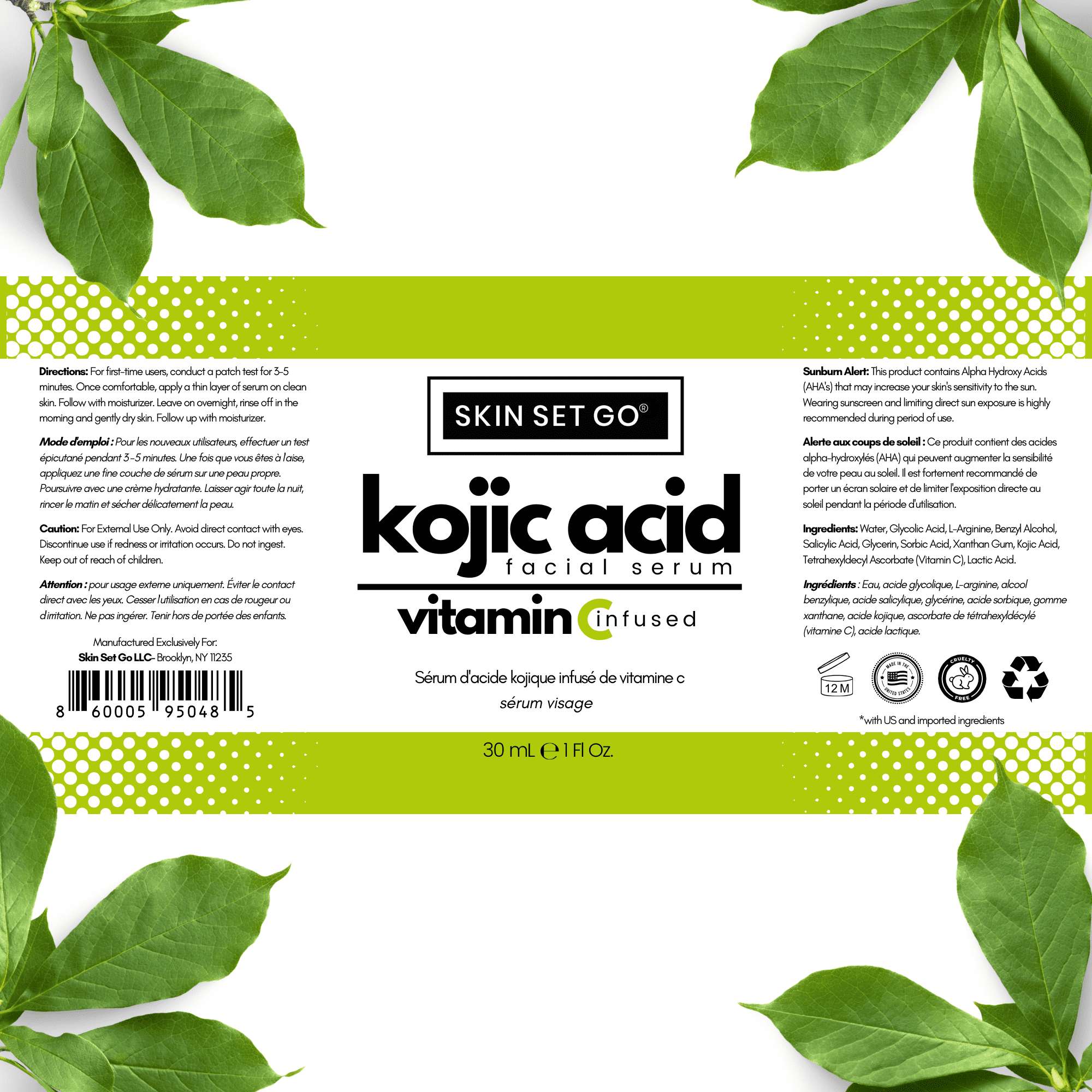SkinSetGo Kojic Acid Serum For Face & Body, Premium Kojic Acid with Vitamin C, AHA Blend, and BHA, Lightweight Daily Serum 1oz