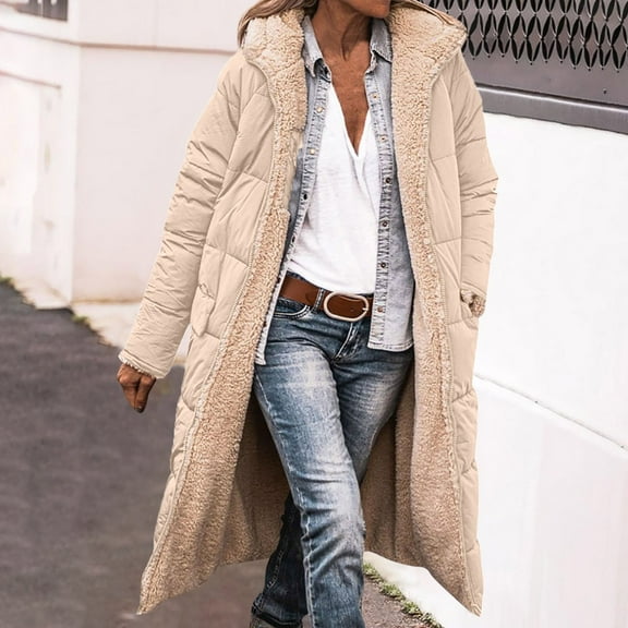 Frostluinai Sherpa Jackets for Women Winter Warm Fleece Lined Hooded Down Parka Shearling Reversible Outdoor Long Jacket Outwear with Pockets