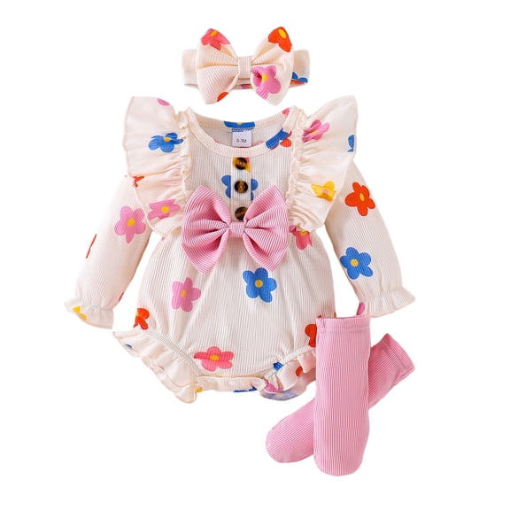XAOFW Girls Outfits Baby Long Sleeve O-Neck Bow Romper Bodysuit Adorable Floral Print Toddler Cute Trendy Casual Holiday Vacation Clothing Sets