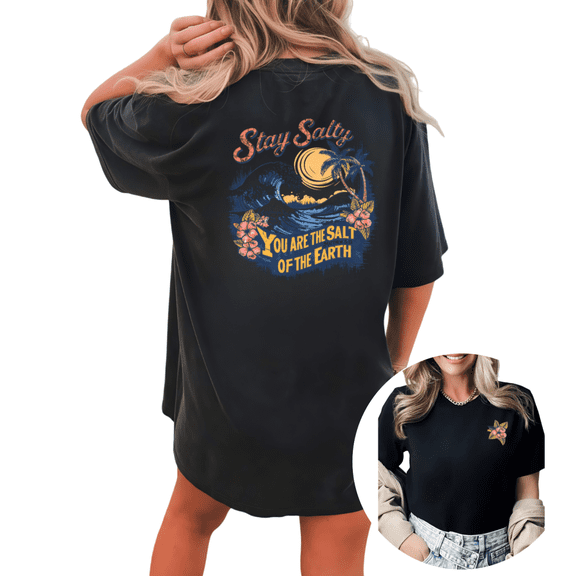 Women Stay Salty Wave Palm Flower Blue Orange Retro Back Print Graphic Comfortable Tees T Shirt Tops Round-neck Printed Cotton T-Shirt Black S-5XL
