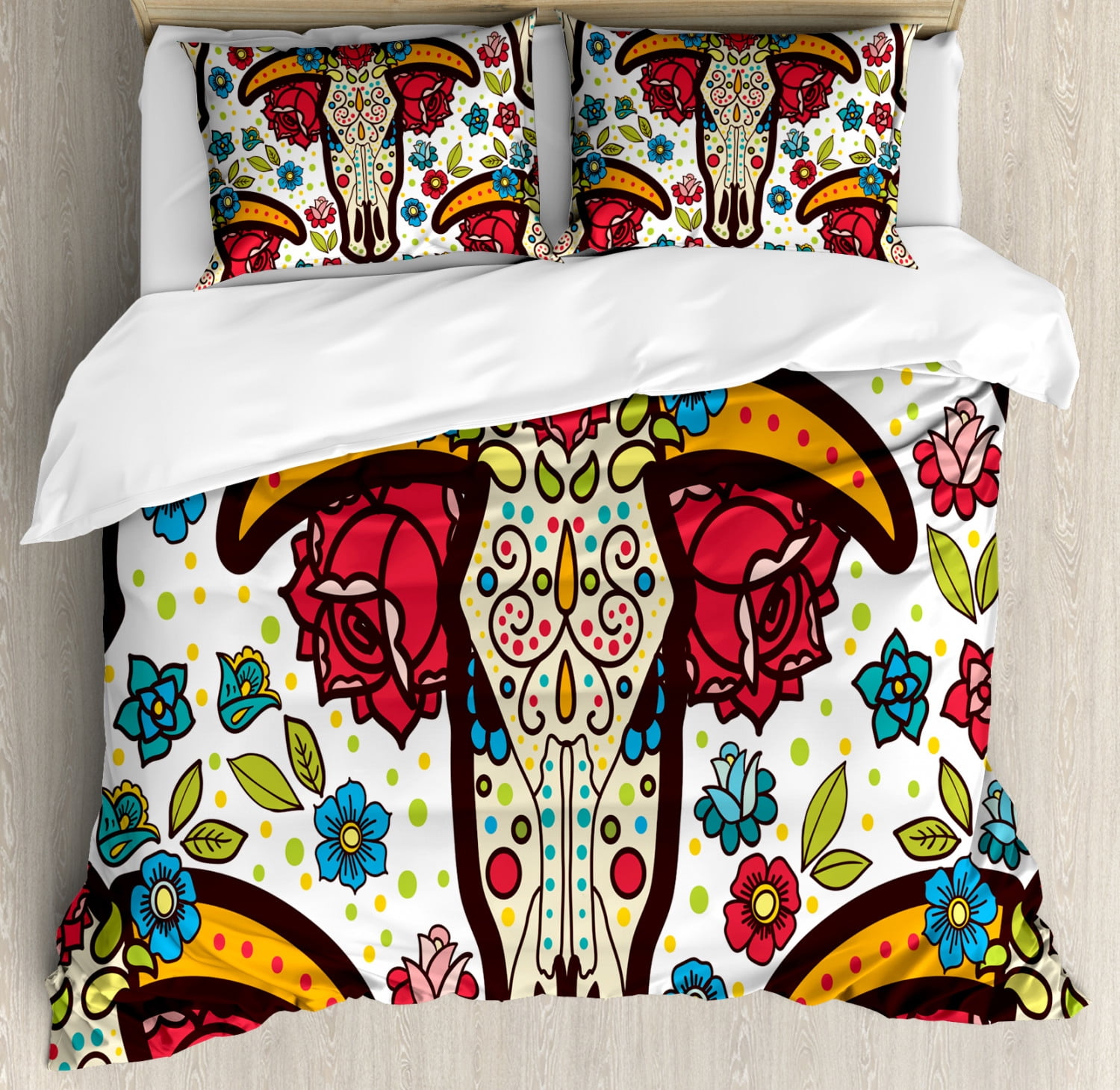 Ethnic Duvet Cover Set, Mexican Folkloric Flourish Ornamental Animal Sugar Skull with Flowers