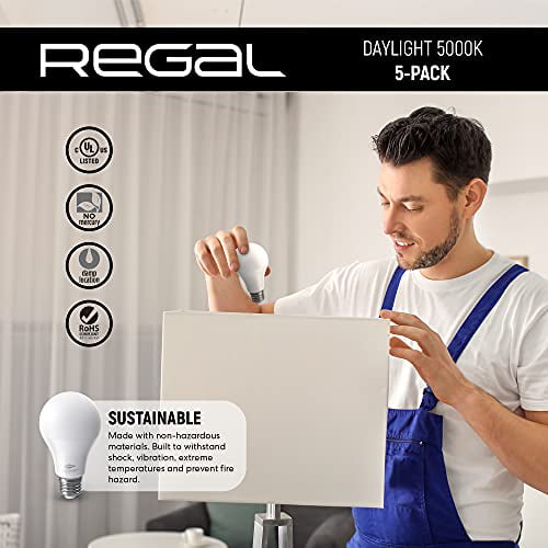 selv Tegn et billede forbruger Regal LED A19 Light Bulb 5000K Daylight 800-Lumen, 9-Watt (60-Watt  Equivalent), E26 Base, 5000 Kelvin, Day Light, 5-Pack, Non-Dimmable -  Walmart.com