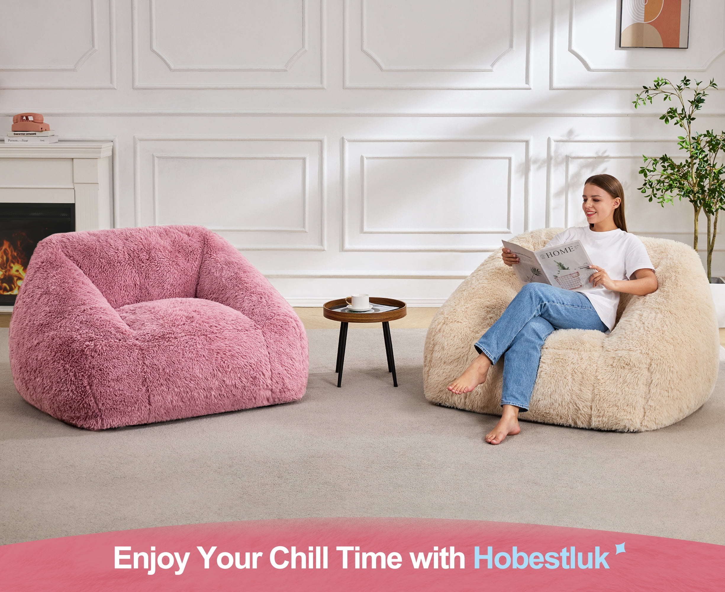 Hobestluk Oversized Bean Bag Chair for Adults with Filler, Large Cozy Reading Chair, Comfortable Lounge Chair for Living Room and Bedroom (Pink Plush)