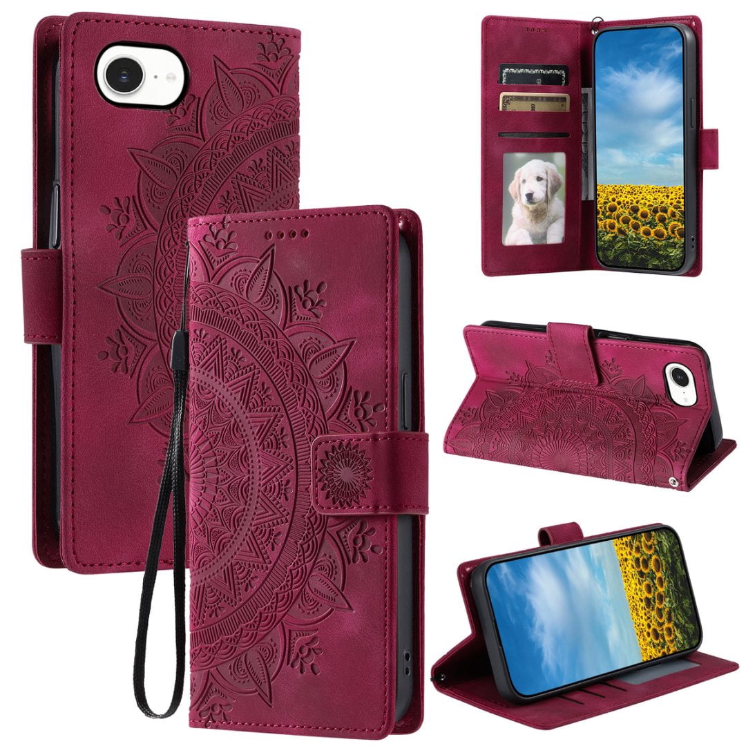 Étui à Rabat pour iPhone 16e, Portefeuille en Cuir PU Premium avec Fleurs en Relief Totem, Porte-Cartes et Support Compatible avec iPhone 16e - Rouge
