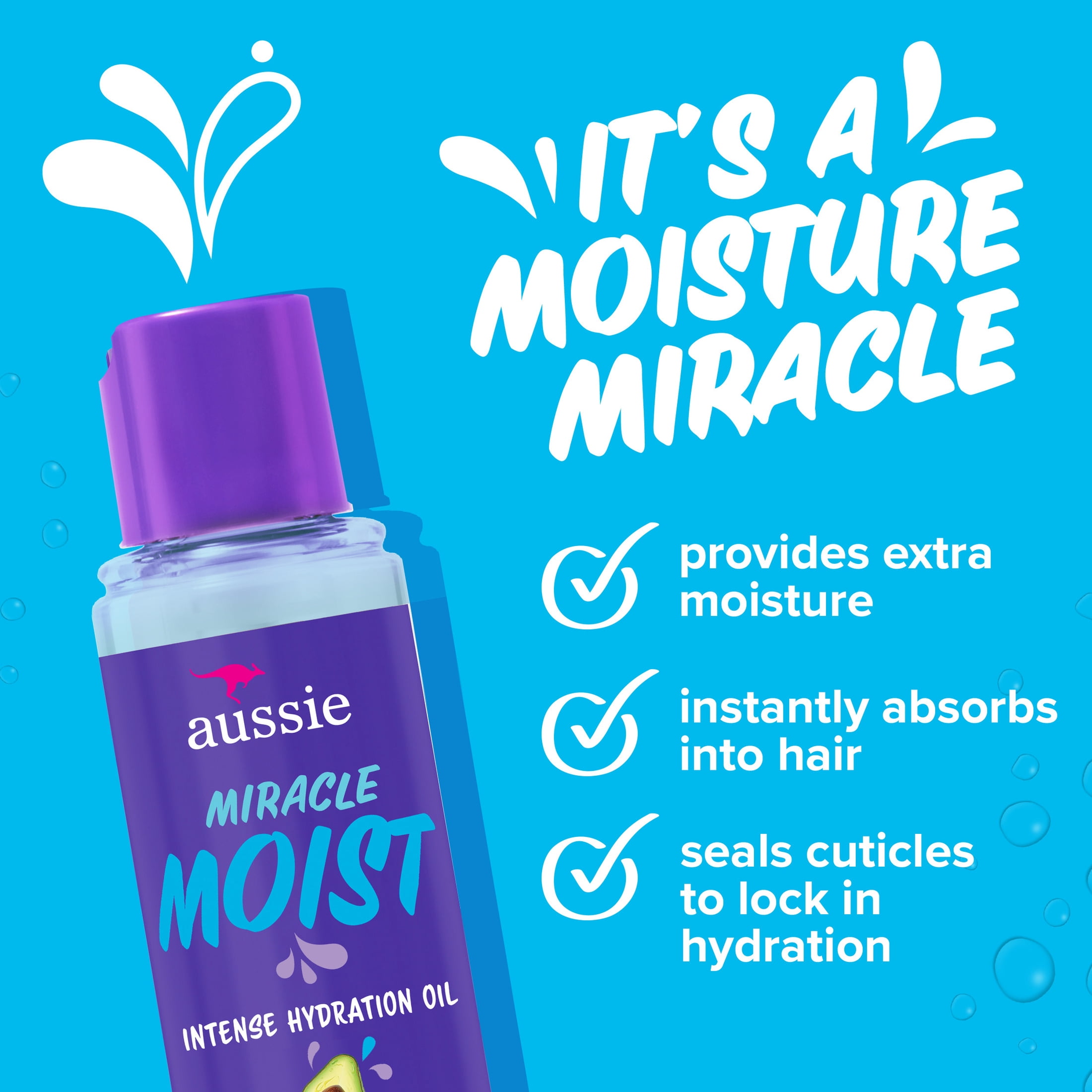 (3 pack) Aussie Miracle Moist Intense Hydration Hair Oil with Jojoba Oil, for Dry and Damaged Hair, 3.2 fl oz