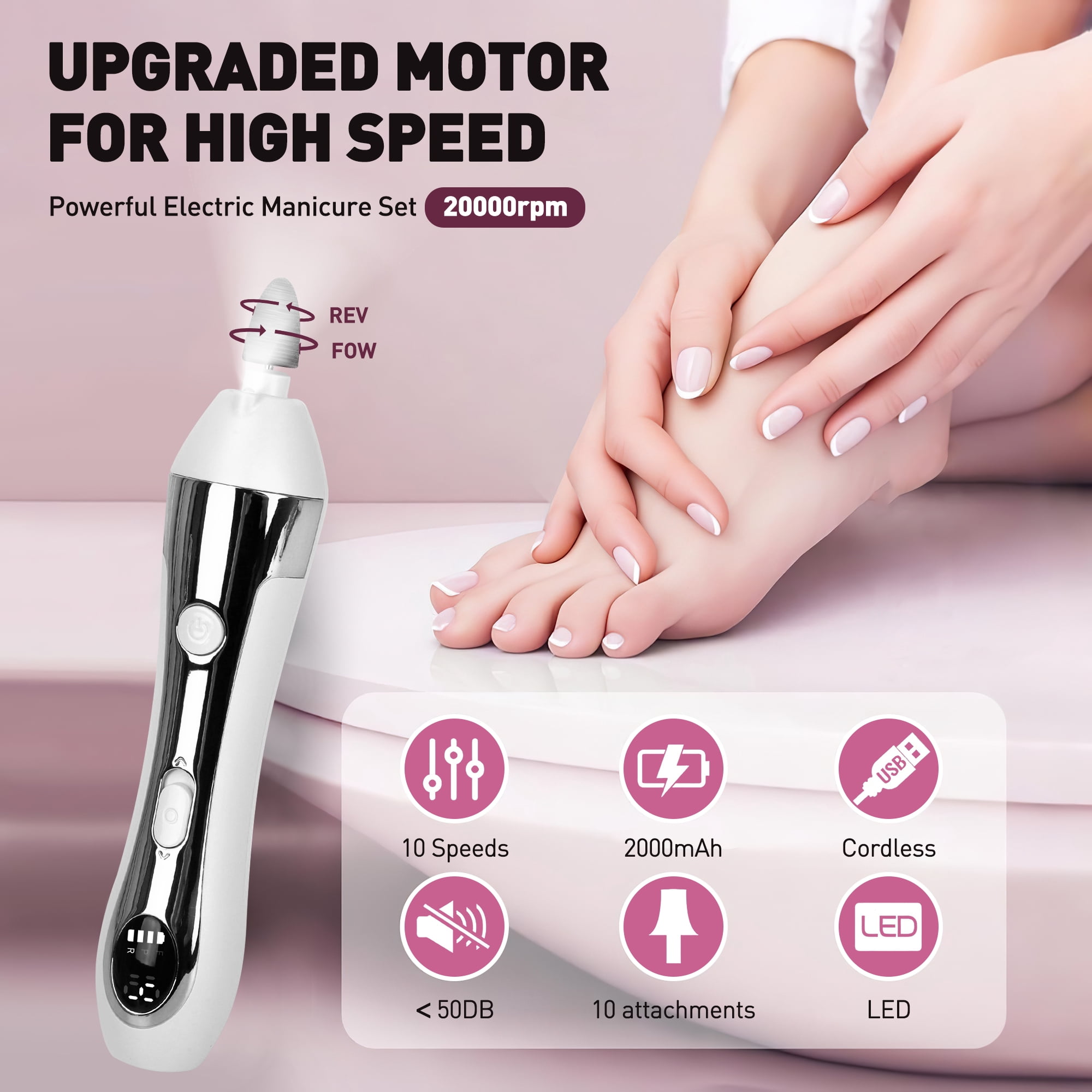 CshidWorld Cordless Electric Nail File, 10-Speed Nail Drill Kit with LED Light, Professional Portable Manicure Pedicure Tool for Thick Nails, Hand & Foot（White）