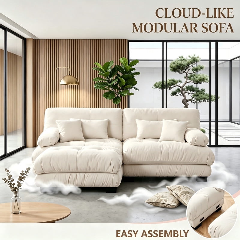 ANPPORT Cloud Couch Sleeper Sofa, Chenille Light Coffee 2-Seater Modular Sofa with 1 Ottomans, 2 Lumbar pillows,2 Pillows, Comfy Deep Seat Cloud Sofa, Convertible L-Shaped Floor Couch for Living Room
