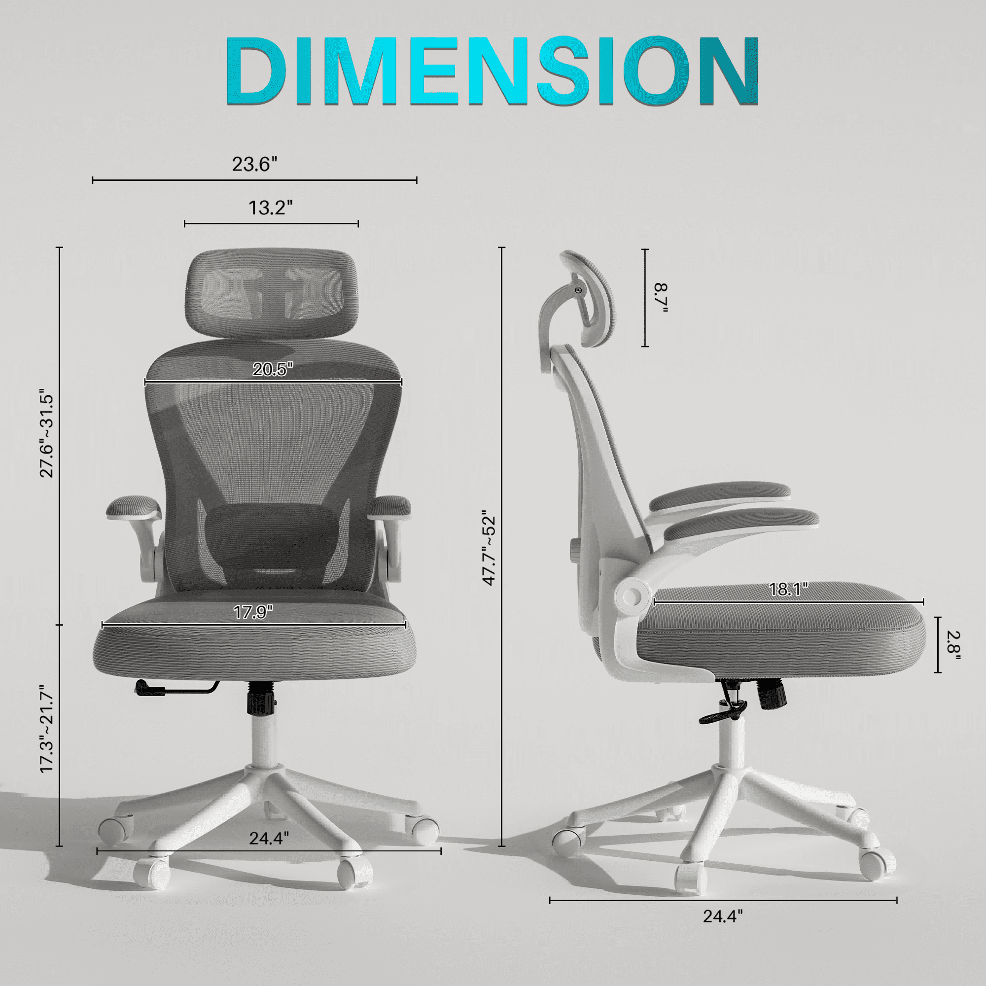 Ninecer Ergonomic Office Chair, Computer Desk Chair with Wheels, High Back Mesh Office Chair with Adjustable Lumbar Support, Headrest, Flip-Up Armrests, White Grey