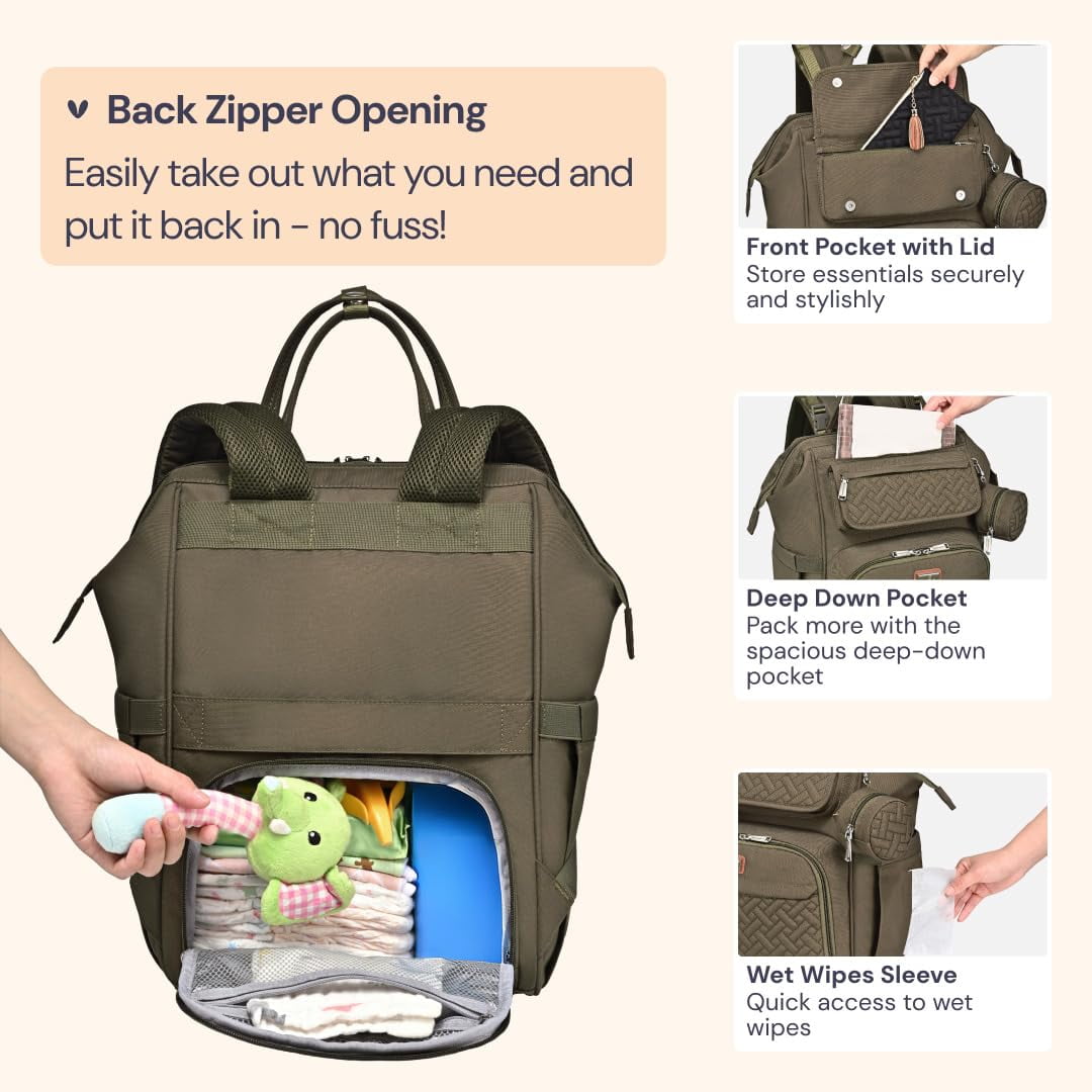 BabbleRoo Widetop Waterproof Diaper Backpack with Insulated Bottle Pockets, Polyester- Army Green