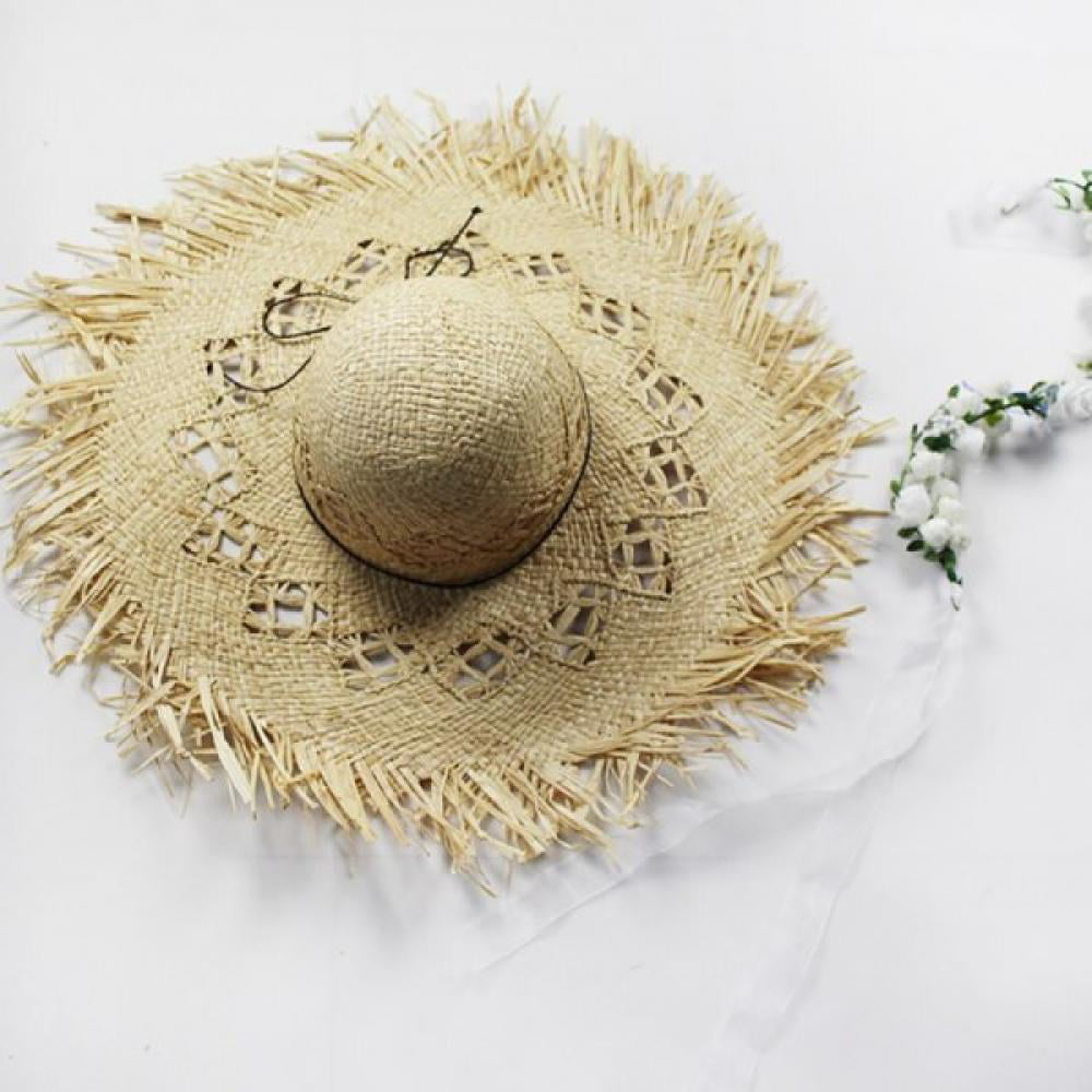 Straw Hats Woven Circle Fringe Beach Cap Summer Hollow Out Big Straw Hat A1,Beige 2 