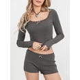 thumbnail image 6 of Liacowi Women’s Two Piece Pajamas Long Sleeve Lace Trim Crop Tops and Shorts Set Loungewear, 6 of 9