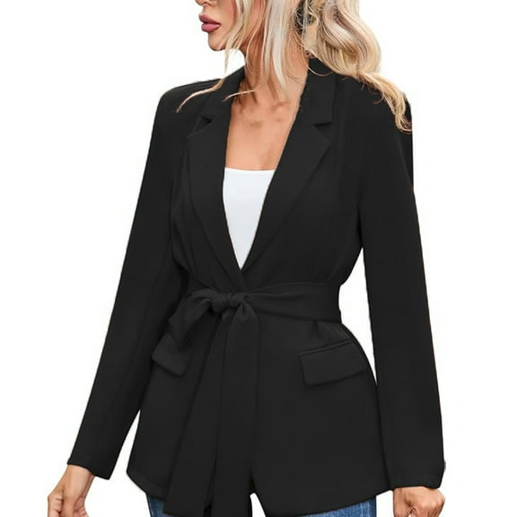 Gyexs Womens Blazers Work Casual Dress Jackets Long Sleeve Light Weight Trench Coat Loose Fit Outerwear with Belts, Black, Size L