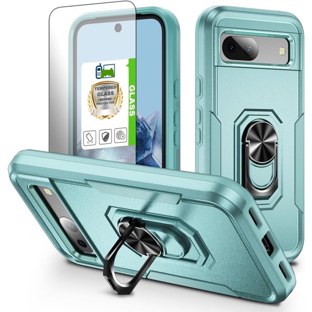 KOMI pour Google Pixel 8a, Étui avec Protecteur d'Écran, Béquille Anneau Réglable à 360 Intégré, Protection Militaire, Armure Antichoc - Vert