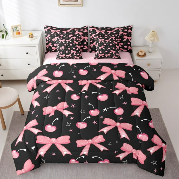 Castle Fairy Kawaii Bowknot Cherry 7-Piece Twin Bedding Sets for Girls Teens Children,Cute Galaxy Bedding Comforter Set,Black Pink Breathable Sheet Sets,Ultra Soft Home Decor