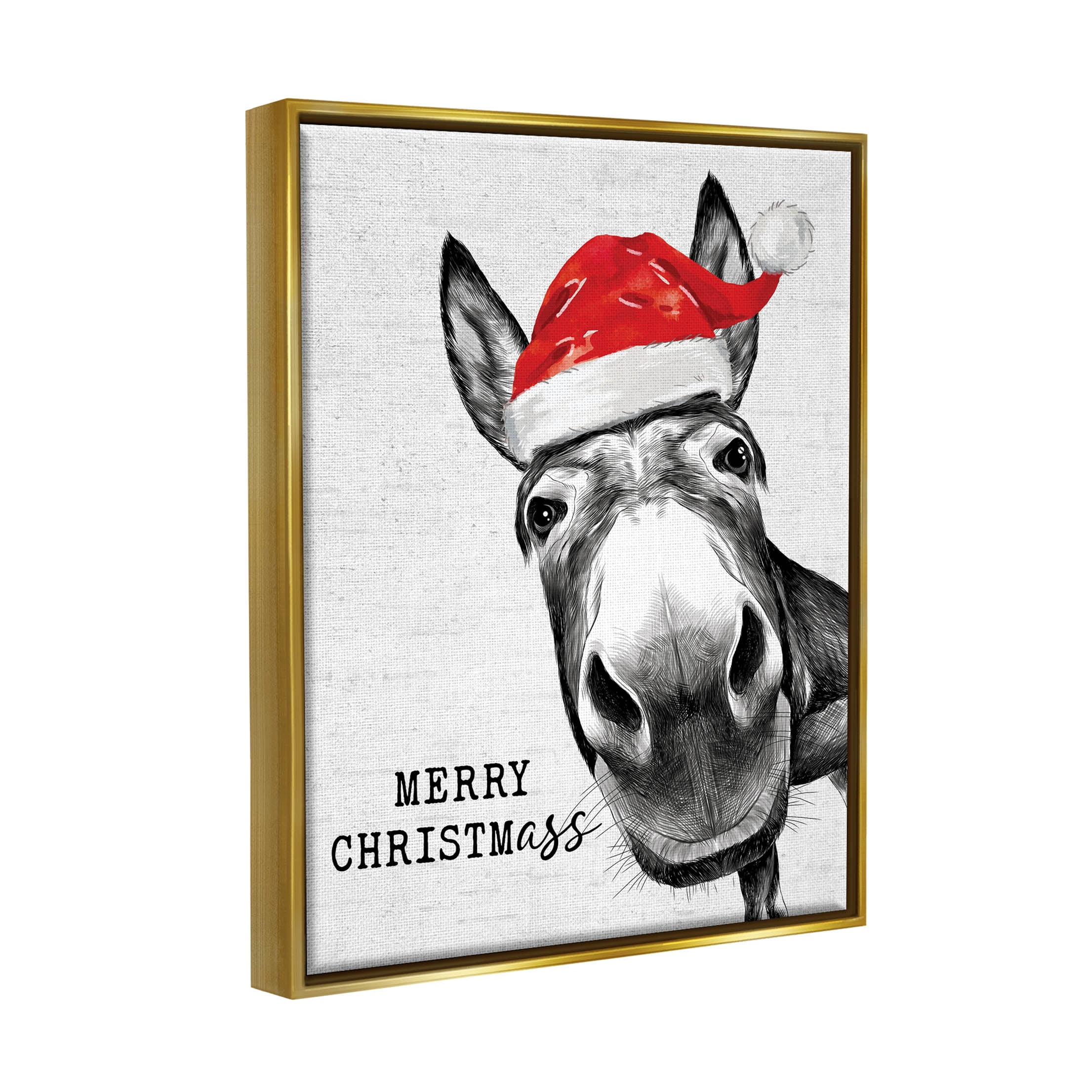 Stupell Industries Merry Christmass Funny Donkey Graphic Art Metallic Gold Floating Framed Canvas Print Wall Art, Design by Lettered and Lined