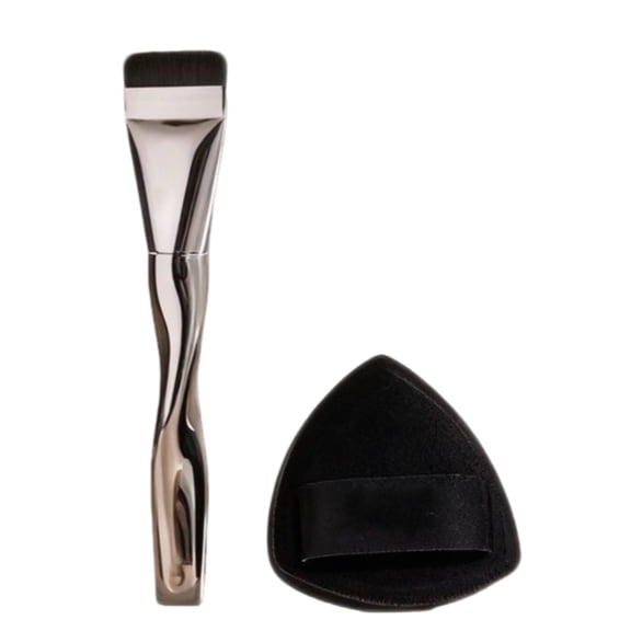 Foundation Brush and Sponge 2 Piece Set, Flat Top Brush with Spiral Handle & Non Absorbent Blending Sponge, Makeup Tool Duo for Liquid Foundation