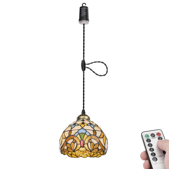 KAYYELAMP Battery Run Hook Tiffany Hanging Lamp Remote Dimmable Neutral Lighting Art Handmade Brown Glass Shade 3.9ft Adjustable Cord Antique Style for Kitchen Store 1Pcs