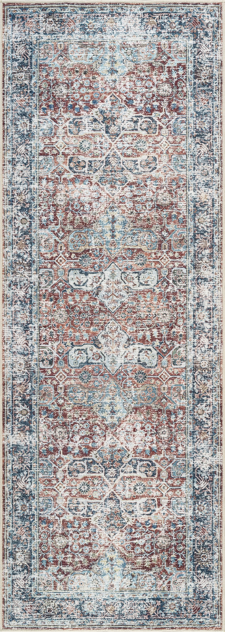 Bloom Rugs Washable Non-Slip 12 ft Runner - Brick / Dark Blue Traditional Oriental Runner for Entryway, Hallway, Bathroom, and Kitchen - Exact size: 2'6" x 12'