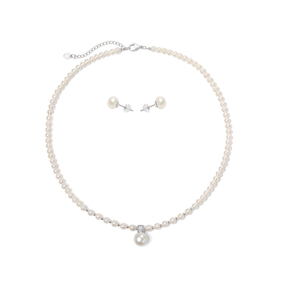 BAMIKI-Natural Cultured White Seawater Pearl Jewelry Set, S925 Silver Pearl Necklace and Earrings Set, Elegant Women Accessory Gift Set for Wedding, Anniversary & Daily Wear