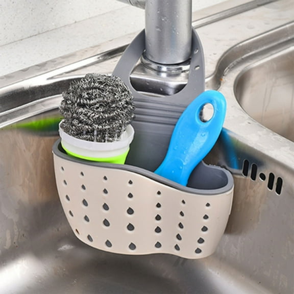 Kitchen Hanging Sponge Holder Adjustable Rubber Sink Dishwashing Liquid Drainer Brush Rack Draining Basket for Scrubber Dish Brush Kitchen Accessories OrganizerWhite drain bag