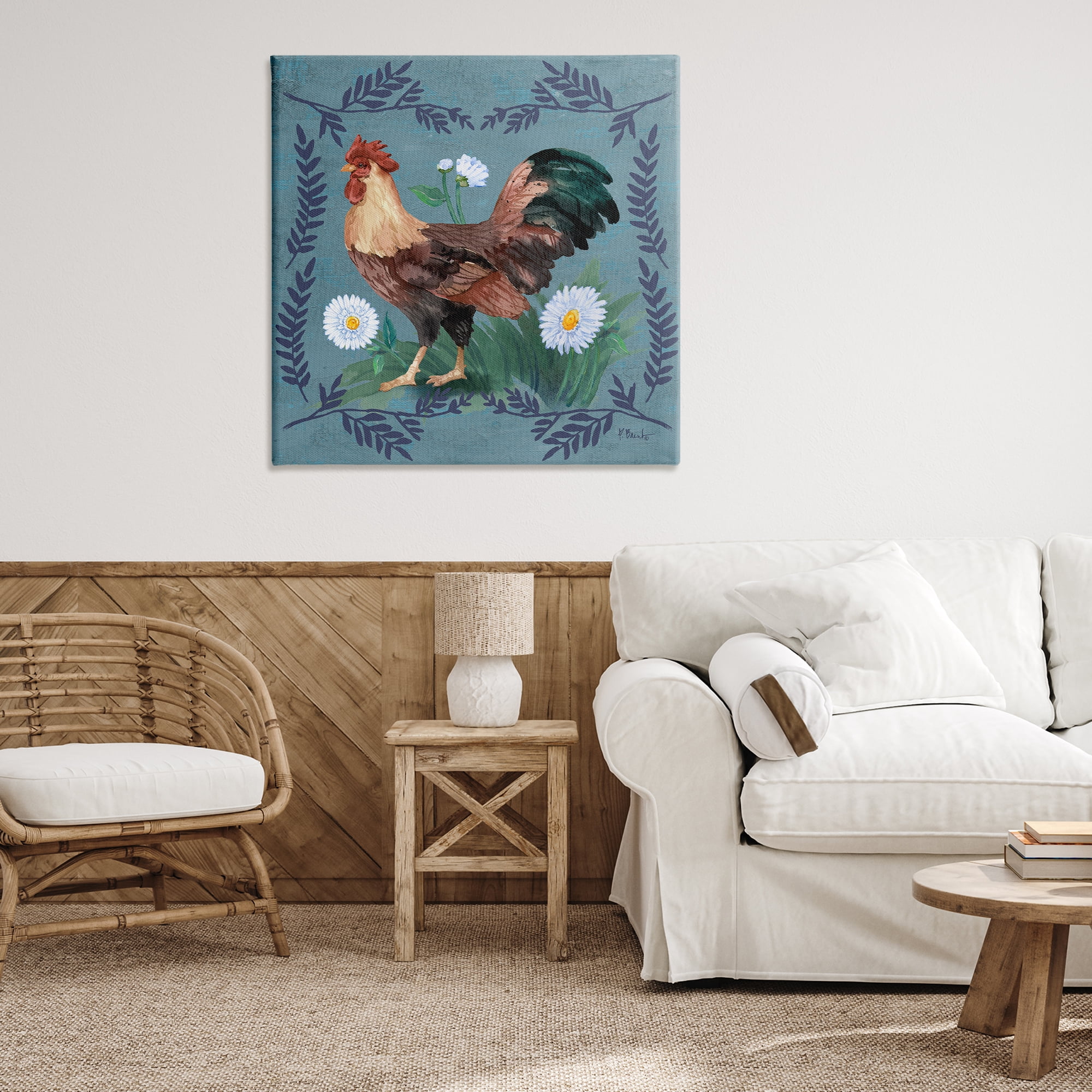 Stupell Industries Rooster & Fern Trim Animals & Insects Painting Gallery Wrapped Canvas Art Print Wall Art, 36 x 36