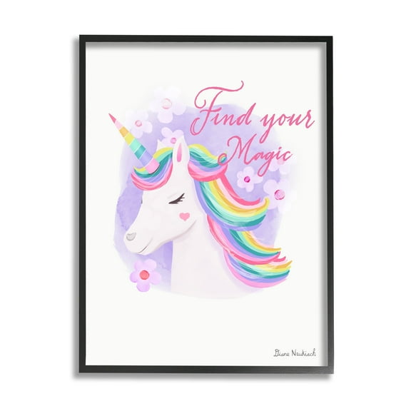 Stupell Industries Find Your Magic Bold Rainbow Floral Unicorn Mane Graphic Art Black Framed Art Print Wall Art, Design by Diane Neukirch