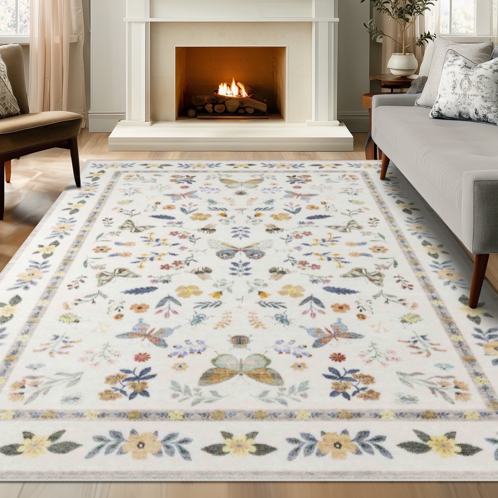 Area Rugs for Living Room, Homasen 8'x10' Washable Indoor Rug Boho Butterfly Beige, Soft Low Pile Stain Resistant Carpet for Bedroom, Dinning Room