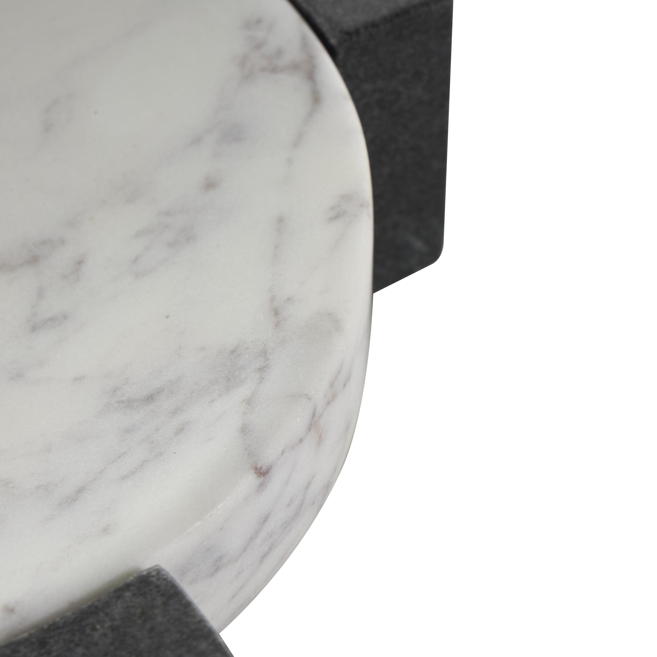 DecMode 8" x 8" White Marble Round Geometric Tray with Black X-Shaped Base, 1-Piece