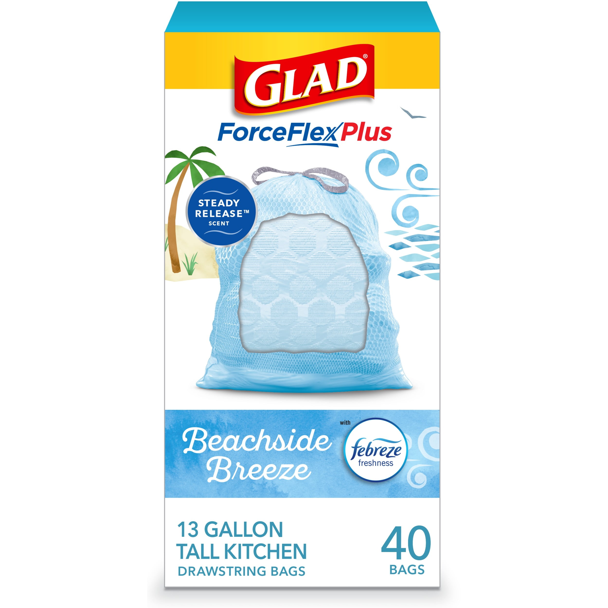 Glad ForceFlexPlus Tall Kitchen Trash Bags, 13 Gallon, 40 Bags (Beachside Breeze Scent, Febreze Freshness)
