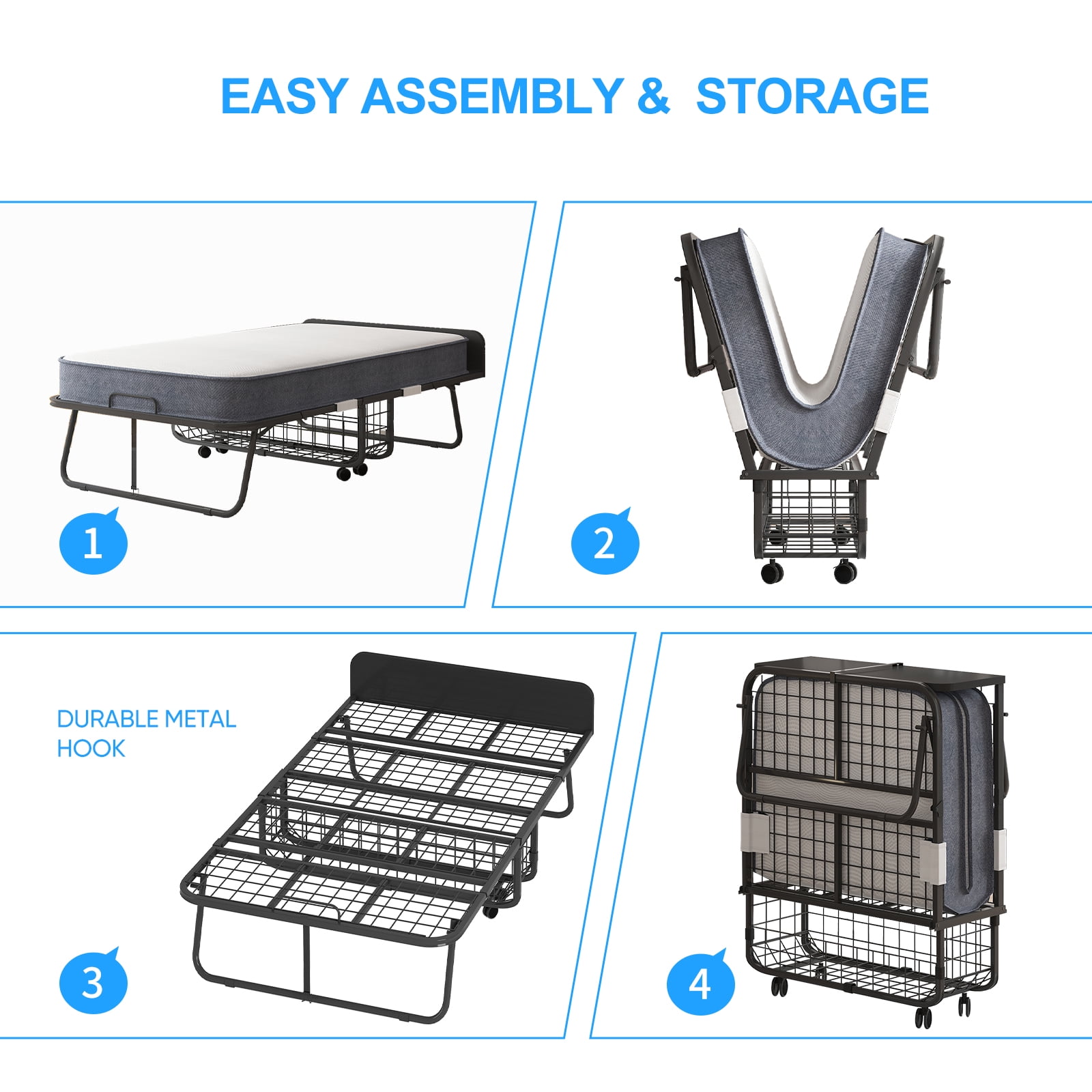 Puremind Folding Bed with 5 Inch Foam Mattress Included, 75" x 31" Rollaway Bed Twin Size with Storage, Space-Saving Temporary Bed with  Lockable Rollers for Guests and Families