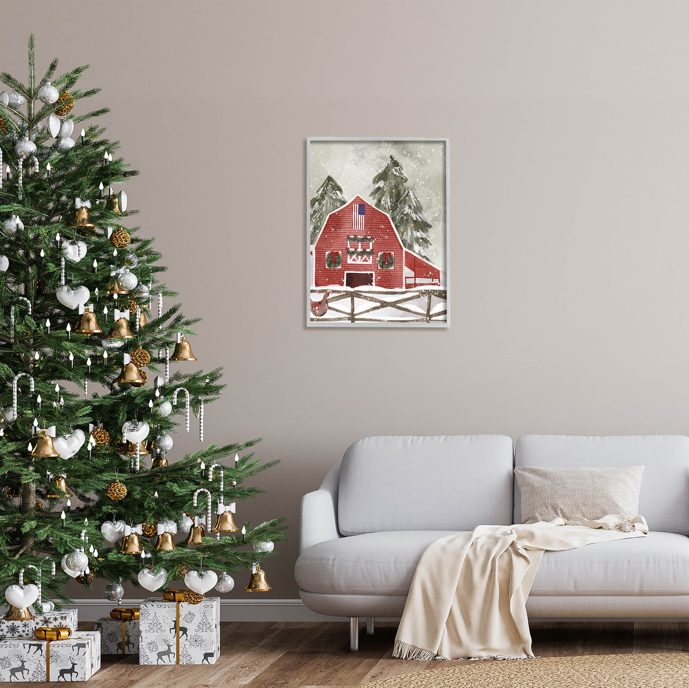 Stupell Industries Americana Barn Holiday Snow Scene Graphic Art Gray Framed Art Print Wall Art, Design by Laura Konyndyk