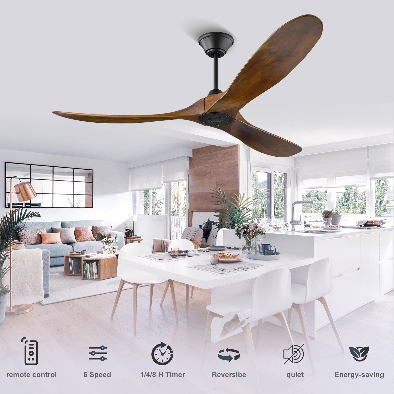 52 inch Wood Ceiling Fan No Light, Remote Control 1/4/8H Timer, 6 Speed Quiet Reversible DC Motor