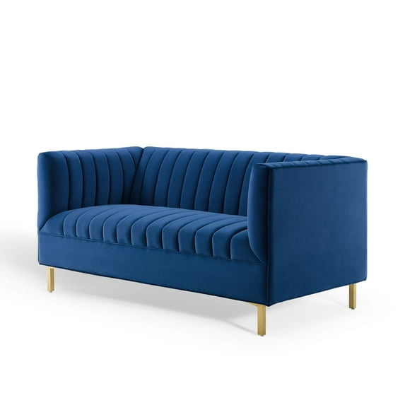 Tufted Loveseat Sofa, Velvet, Blue Navy, Modern Contemporary Urban Design, Living Lounge Room Hotel Lobby Hospitality