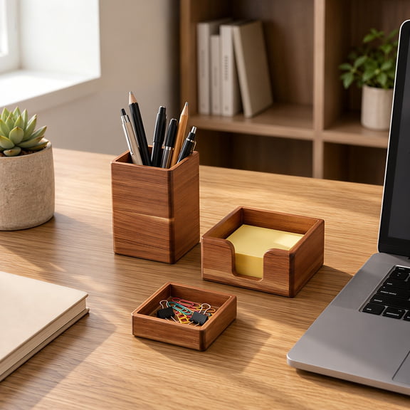 Threns Wooden Desk Organizer Set of 3, Office Desk Accessories with Pen Holder, Sticky Note and Paper Clip Storage for Workspace, Natural Wood