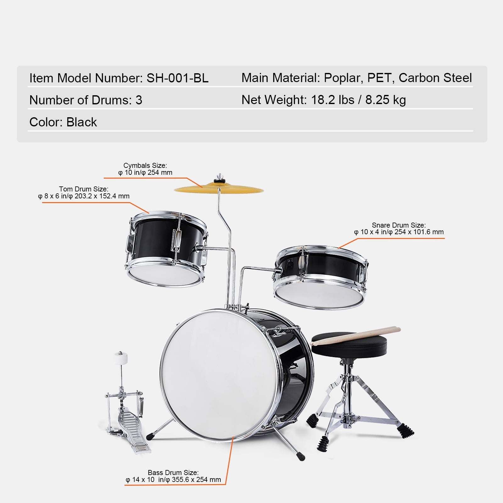 KFFKFF Children's Drum Kit, 3-Piece Drum, 14'' Starter Set with Adjustable Seat, Cymbal, Pedal, 2 Drumstick Sets, 8'' Tom, 10'' Snare, 14'' Bass, Ideal for Young Musicians, Black