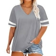 thumbnail image 2 of Bovemsi Ladies Loose Casual V Neck Short Sleeve Cuff Striped Patchwork Solid Color Womens T Shirt, Gray Women's Summer Short Sleeve T-Shirts, L, 2 of 4