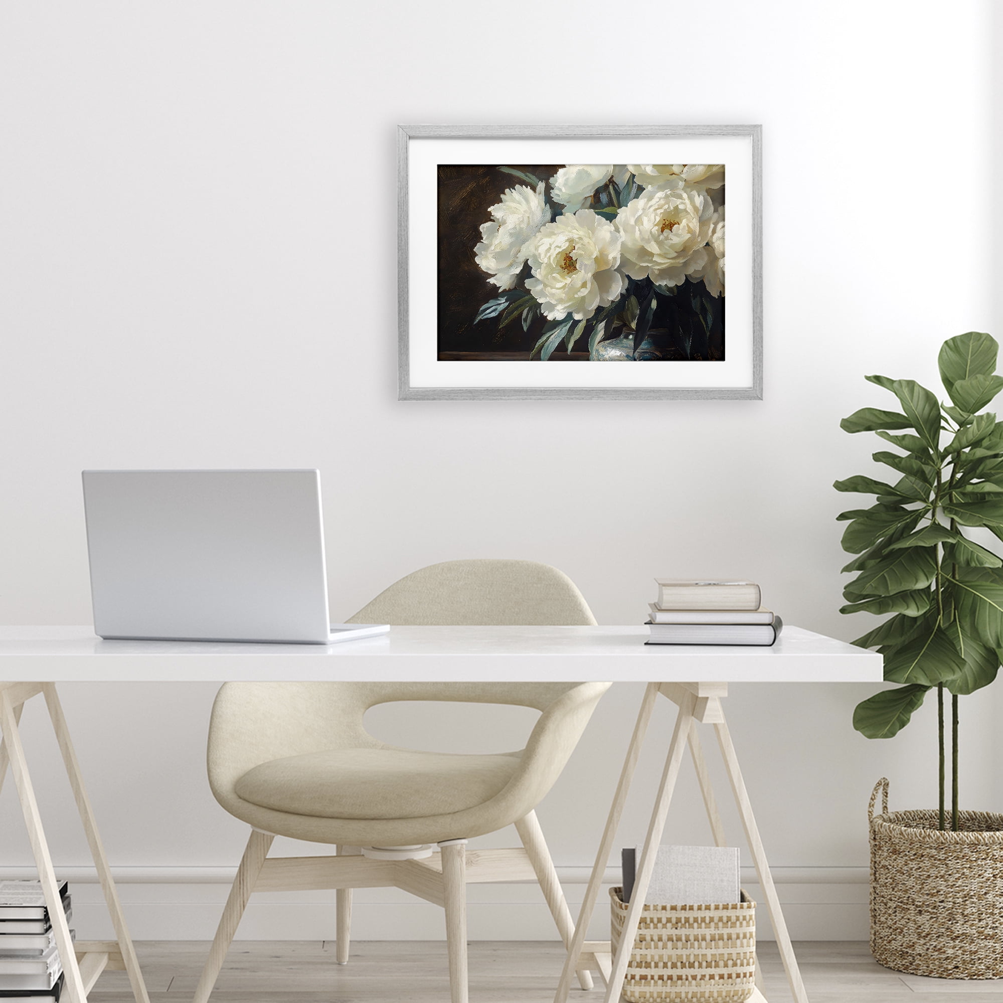 Stupell Industries Large Moody White Floral Gray Framed Print Under Glass, design by Petal Prints Design