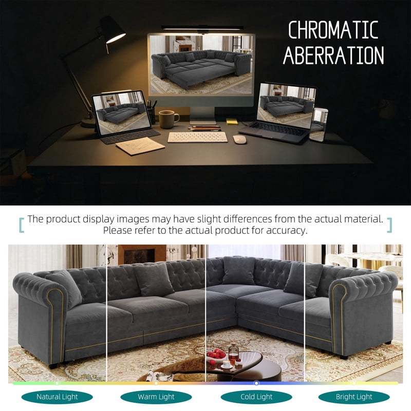 115.3" L-Shaped Sleeper Sofa with Pull-Out Bed, Velvet Sectional Couch with Gold Trim Rolled Arms, Chesterfield Tufted Convertible Sofa Bed with Deep Seats and Throw Pillows for Living Room