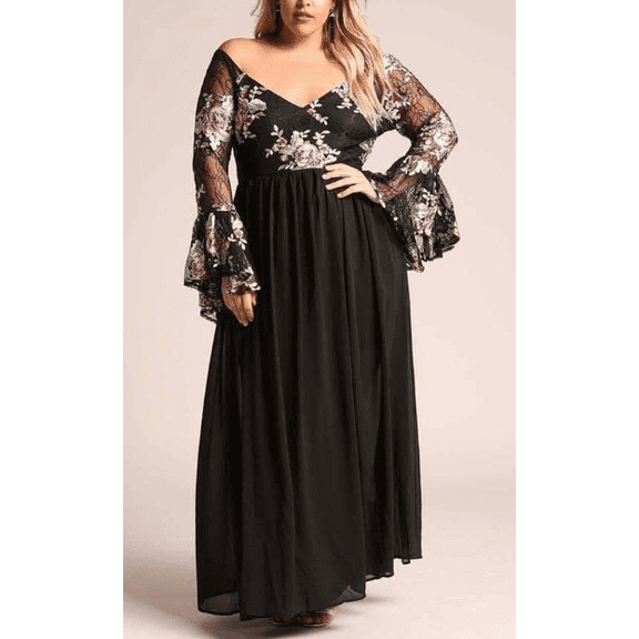 Women's Off Shoulder V Neck Floral Lace Maxi Dress Long Bell Sleeve High Waist Flowy Chiffon Prom Gown