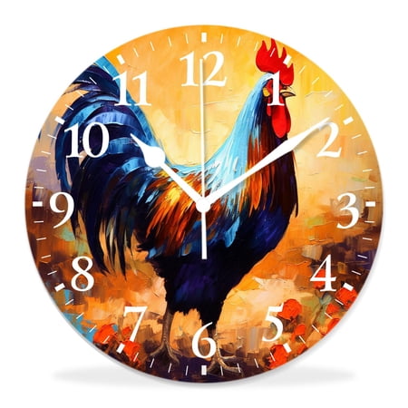 12 Inch Wall Clock Battery Operated Silent Clock Decorative for Office, Kitchen, Outdoor, Living Room，Color Rooster Oil Painting Beautiful Pattern
